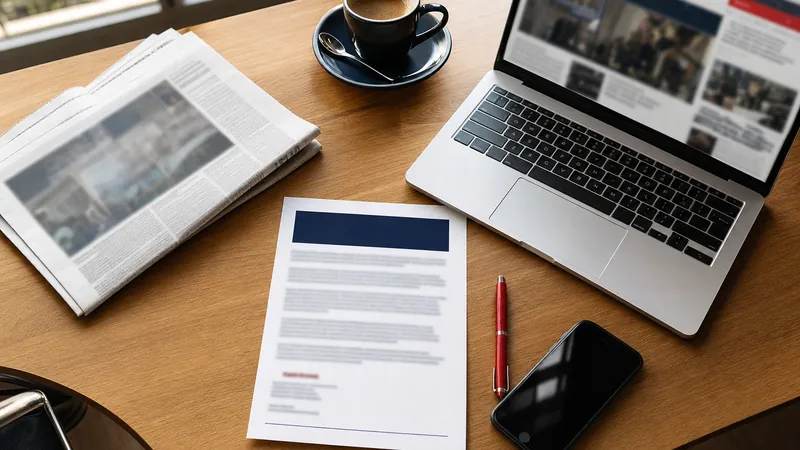Nota de prensa impresa sobre una mesa junto a un periódico, un portátil con una web de noticias y un café